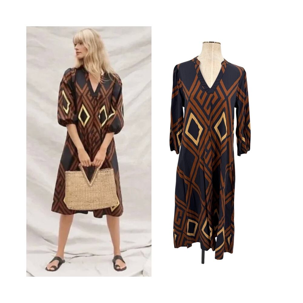 Anthropologie Porridge Mireil Midi Dress Geometric Print V Neck Brown Black M
